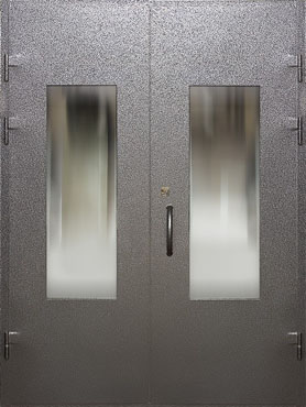 Двупольная входная дверь с тонированным стеклопакетом, окрашена порошковой краской бронзовый антик
